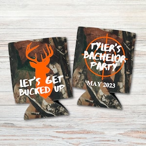 Custom Bachelor Party Can Coolers, Camouflage Let&#39;s Get Bucked Up Can Coolers, Camo Bachelor Party Coolies, Custom Wedding Gifts and Favors