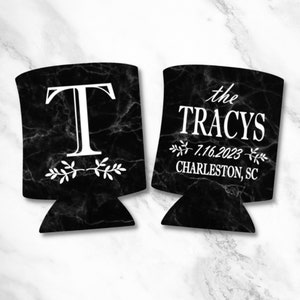 Personalized Black Marble Pattern Can Coolers, Wedding Can Coolers, Monogrammed Beer Coolies, Custom Wedding Party Gift and Favor Ideas