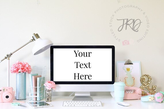 Mint And Pink Desktop Computer Mockup Styled Stock Photo