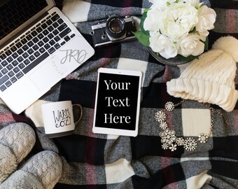Download Free Plaid Blanket Styled Stock Photo iPad Mockup for Winter PSD Template