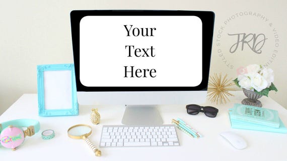 Teal Blue Styled Stock Photo Mockup Desktop Computer