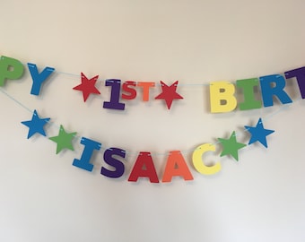 Personalised Birthday Bunting / Banner - In Rainbow Colours - **Single Name** - Age - Die-Cuts, Stars, Hearts, Flowers or a mix