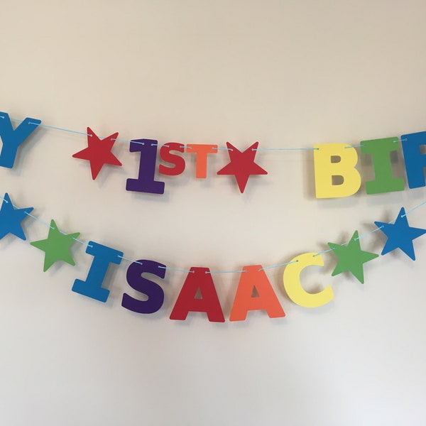 Personalised Birthday Bunting / Banner - In Rainbow Colours - Single Name - Age - Die-Cuts, Stars, Hearts, Flowers or a mix