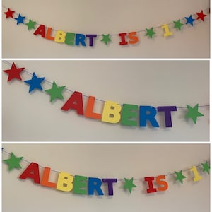 Personalised Birthday Bunting / Banner - Rainbow Colours - Single Name With Age - Hearts, Flowers, Stars Or A Mix Either Side