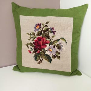 Vintage Hand Embroidered Pillowcase, Petit Point Flowers Pattern Pillowcase, Home Decor, Cottage Style