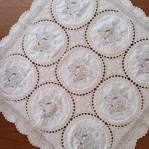 Vintage Hand Crochet Tablecloth, Handmade Tablecloth, Appliqued Crochet Ornaments with Hand Embroidered Roses, Table Topper