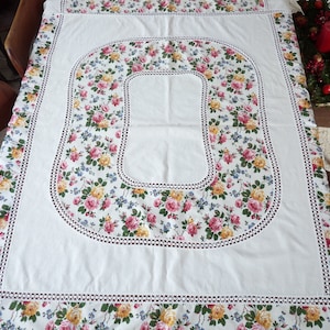 Nappe crème vintage avec appliqué et embout en dentelle aux fuseaux, nappe en coton crème