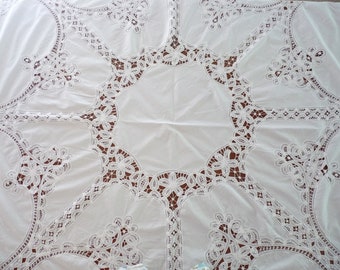 Beautiful Handmade Tablecloth White Embroidery +  Crochet Lace, Large Round White Cotton Tablecloth