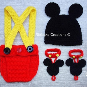 Crochet Pdf Pattern - Set Crochet Mickey Mouse newborn - Hat, Suspender Cover Diaper, Barefoot Sandals