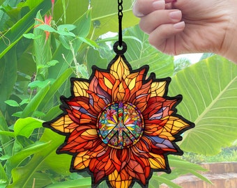 Sunflower Hippie Acrylic Suncatcher, Gift For Hippie, Hippie Home Decoration, Gift For Sunflower Lovers, Sunflower Hippie Christmas Ornament