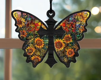 Sunflower Cross Butterfly Acrylic Suncatcher, Cross Acrylic Suncatcher, Butterfly Acrylic Suncatcher, Gift For Christian, Sunflower Ornament