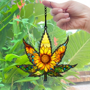 Sunflower Canabis Acrylic Suncatcher, Hippie Weed Suncatcher, Sunflower Canabis Ornament, Hippie Weed Ornament, Decoration Gift For Hippie