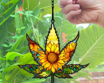 Sunflower Canabis Acrylic Suncatcher, Hippie Weed Suncatcher, Sunflower Canabis Ornament, Hippie Weed Ornament, Decoration Gift For Hippie