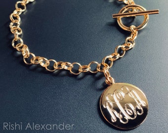 Monogrammed 14k Gold over 925 Sterling Silver Toggle Link Charm Bracelet Monogrammed with Free Personalized Engraving