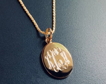 14k Gold over Solid 925 Sterling Silver Oval Personalized Monogram Necklace with Free Engraving, Pick any Chain Style