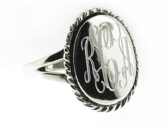 925 Sterling Silver Monogram Engravable Oval with Rope Edge Signet Ring