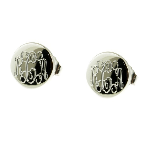 925 Sterling Silver Round Stud Post Monogram Personalized Earrings