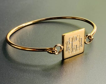 Monogrammed 14k Gold over 925 Sterling Silver Square Hinged Bracelets