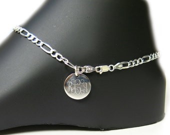 Monogrammed 925 Sterling Silver 4mm Figaro Chain Personalized Anklet