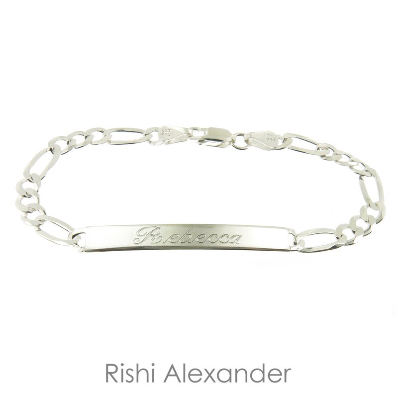 925 Sterling Silver Figaro Link ID Bracelet with Personalized Name Engraved 5mm