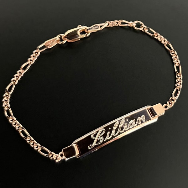 925 Sterling Silver with Rose Gold Finish Figaro Link Childrens ID Bracelet Free Engraving