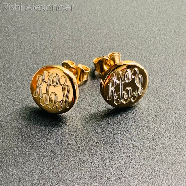 14k Gold over 925 Sterling Silver Round Stud Post Monogram Personalized Earrings