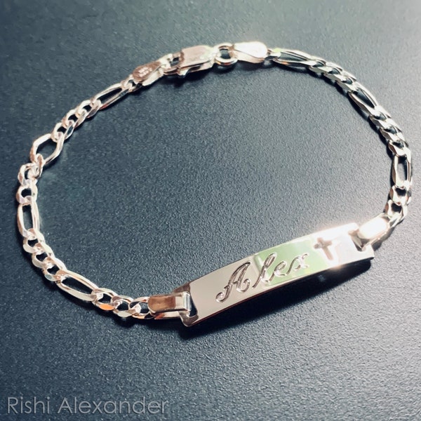 925 Sterling Silver Figaro Link with an Outlined Cross Silhouette Childrens ID Bracelet Free Engraving