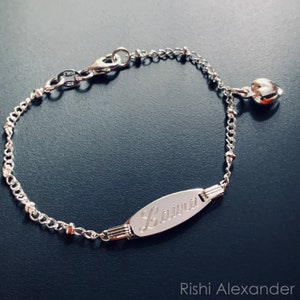 925 Sterling Silver Bead and Link with Dangling Heart Childrens ID Bracelet with Free Engraving