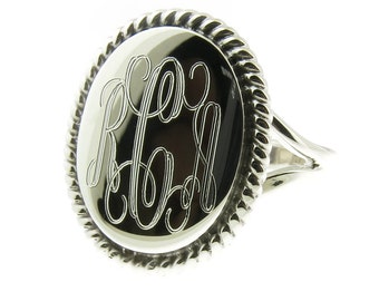 925 Sterling Silver High Polished Monogram Oval with Rope Edge Signet Ring