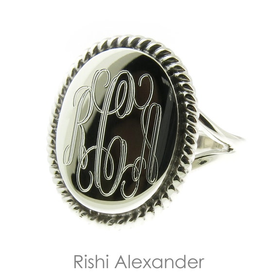 925 sterling silver oval signet ring with monogram