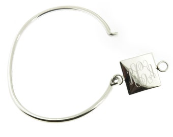 Monogrammed 925 Sterling Silver Square Hinged Cuff Bangle Bracelet