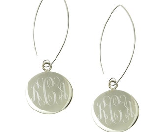 925 Sterling Silver Round Monogram Personalized Dangle Earrings