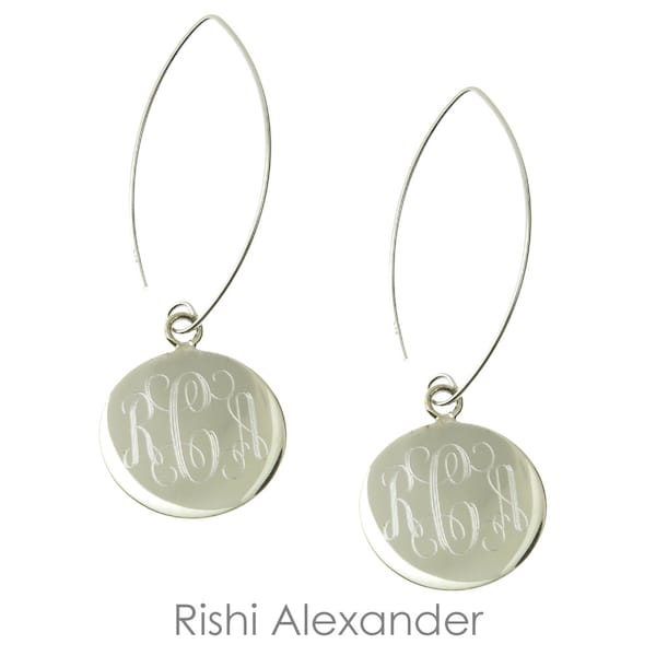 925 Sterling Silver Round Monogram Personalized Dangle Earrings