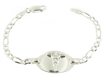 925 Sterling Silver Figaro Link Medical ID Bracelet with Engraved Medical Conditions on the back