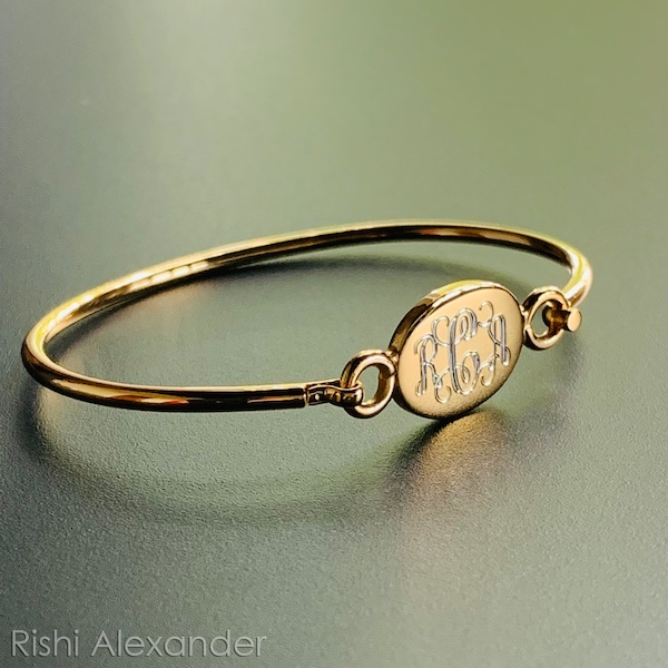 Monogrammed 14k Gold over .925 Sterling Silver Hinged Oval Baby Bracelet Personalized Monogram