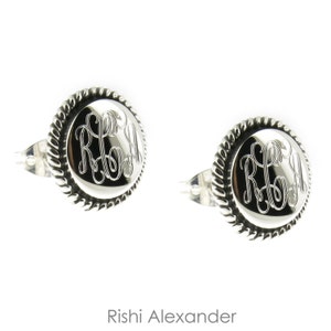 925 Sterling Silver Round Rope Edge Monogram Personalized Earrings