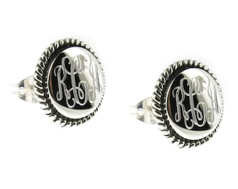 925 Sterling Silver Round Rope Edge Monogram Personalized Earrings