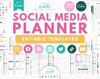 May include: A collection of printable social media planner templates. The title "SOCIAL MEDIA PLANNER" is in large pink letters. The templates include icons for Instagram, Facebook, Pinterest, LinkedIn, Twitter, TikTok, and YouTube. The text "EDITABLE TEMPLATES" is in a yellow banner.