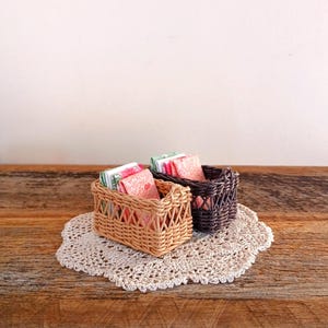 Dollhouse Miniature Rectangle Basket, Wicker-style Storage Basket, 1/12 or 1/6 Scale, Miniature Sewing Room Decor - Open Weave Cross Pattern