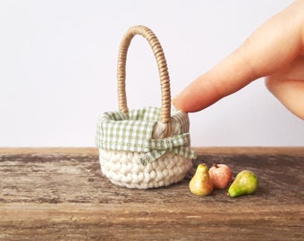 Miniature Crochet Basket with Liner, Basket with Handle, Dollhouse Basket , Doll Basket , Doll Picnic Basket , Gift for Her