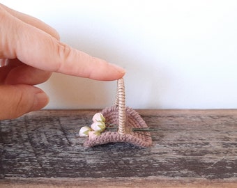 Mini Flower Gathering Basket , Small Crochet Basket , Romantic Dollhouse Basket , Miniature Flat Basket with a Handle , Gift for Her