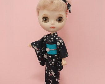 Set of Yukata, Belt, Sandals & Hair Accessory for Blythe, Blythe Dress, Doll Japanese Kimono, Japanese Wooden Sandals for Dolls, Doll Geta