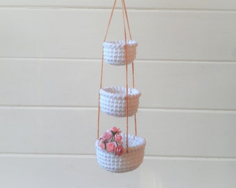 3 Tier Little Crochet Baskets , Miniature Hanging Baskets , Chic Home Office Accessory, Cozy Home Decor , Dollhouse Baskets , Gift for Women