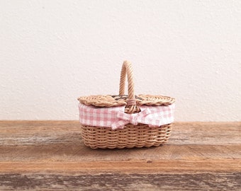 Miniature Picnic Basket with Lids & Pink Liner, Doll Picnic Basket with Pink Cotton Liner, Gift for Her, 1:6 scale Dollhouse Basket