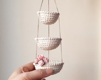 3 Tier Little Crochet Baskets, Miniature Hanging Baskets, Dollhouse Baskets, Cozy Home Decor, Gift for Her , Unique Storage