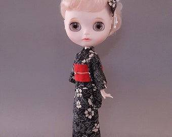 Kimono Blythe avec sandales et accessoire pour cheveux, ensemble Yukata Blythe, kimono pour poupée Blythe, robe Blythe, yukata noir, kimono japonais pour poupée