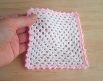 Miniature Blanket in White & Pink, Baby Doll Blanket/Afghan, Dollhouse Granny Square Blanket, Dollhouse Nursery Blanket