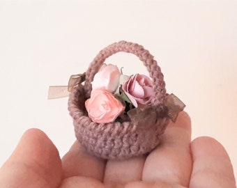 Small Brown Basket with Ribbons, Miniature Crochet Basket, Gift for Her, Doll Flower Basket, Dollhouse Basket, Easter Basket, Storage Basket
