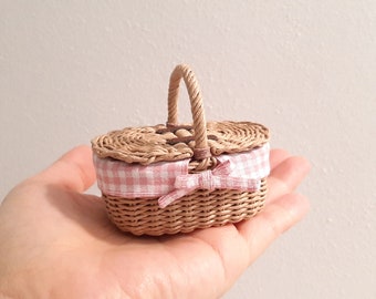 Miniature Picnic Basket with Lids & Pink Liner, Doll Picnic Basket with Pink Cotton Liner, Gift for Her, 1:6 scale Dollhouse Basket