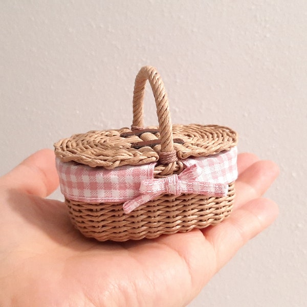 Miniature Picnic Basket with Lids & Pink Liner, Doll Picnic Basket with Pink Cotton Liner, Gift for Her, 1:6 scale Dollhouse Basket